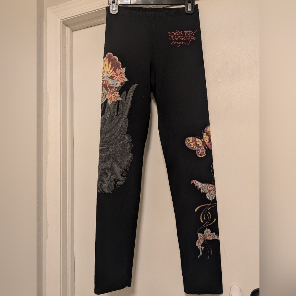 Ed Hardy Black Graphic Leggings – Size M – Tattoo Style Print